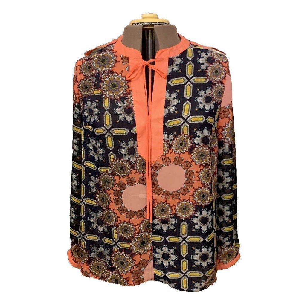 Sapphire. Size 1X. Chiffon Long Sleeve/button cuff. Tie neck. Pullover. B100